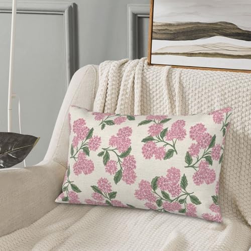 Preppy Pink Pillow Covers 12x20 Inch 2 Pcs Green Hydrangea Flower Decor Throw Pillows Vintage Floral Seasonal Spring Summer Outdoor Decoration Pillowcase Linen Cushion Cover for Couch Sofa - Image 4