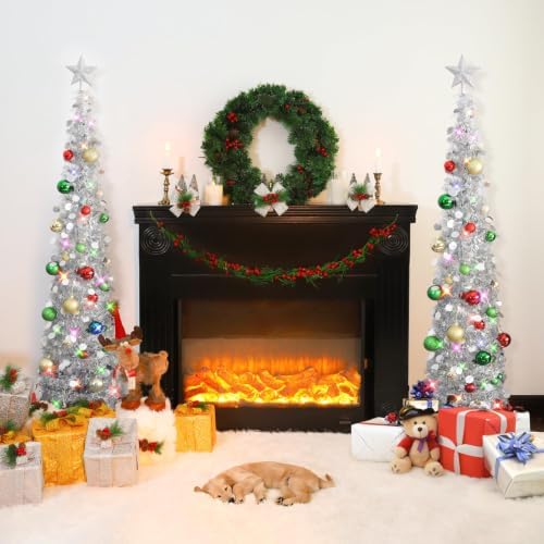 N&T NIETING Pop Up Christmas Tree with Lights & 30 Balls, 5Ft Collapsible Silver Tinsel Christmas Tree Decoration for Holiday Home Office Decor - Image 6