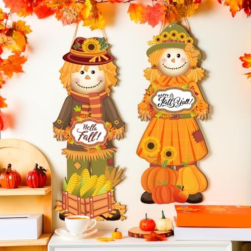 4 Pcs Outdoor Fall Thanksgiving Decoration for Home Scarecrow Decoration for Front Door 10 x 25.6 Inch Fall Hanging Decor Thanksgiving Wooden Scarecrow Wall Decor for Home Indoor Outdoor Porch Yard - Image 3