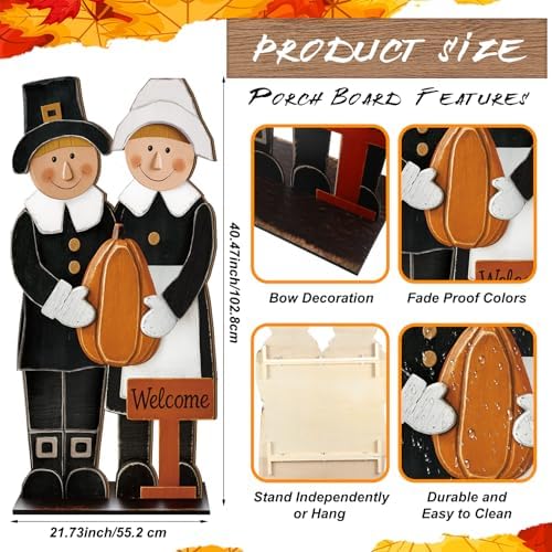 40 H Thanksgiving Wooden Porch Sign, Pilgrim Couple Porch Decor - Image 2