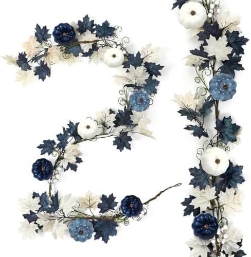 6ft Fall Decor Blue Pumpkin Garland Long Thanksgiving Garland Autumn Maple Leaves White and Blue Pumpkins Wreath Hanging Rustic Decor for Front Door Kitchen Fireplace Home Indoor Outdoor by Zeyune