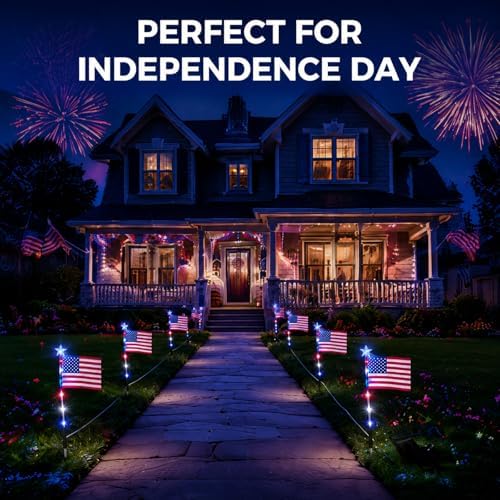 4th of July Decorations Solar American Flag Lights, 8 Pack USA Flags Garden Lights with 8 Lighting Modes, Waterproof Solar Flag Patriotic Lights for Independence Day 250th Anniversary (Blue - Flag) - Image 2