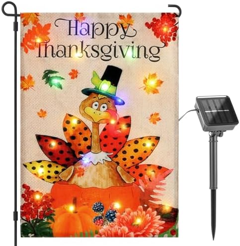 Lighted Thanksgiving Turkey Garden Flag 12 x 18 Inch Double Sided Outside,Solar Light Up Happy Thanksgiving Decorative Yard Flag Holiday Outdoor Decoration by JUSHEN