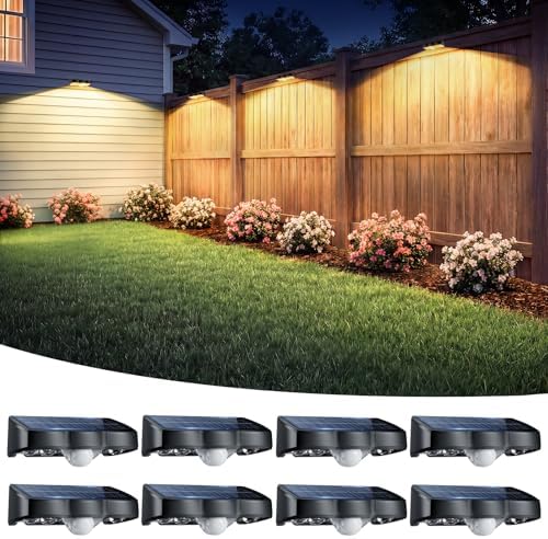 Solar Fence Lights Outdoor with Motion Sensor, 8 Pack Warm White Fence Lights Solar Powered 3 Modes IP65 Waterproof Dusk to Dawn Outdoor Lights for Patio Deck Wall Backyard Garden Decorative by NIBUUECER