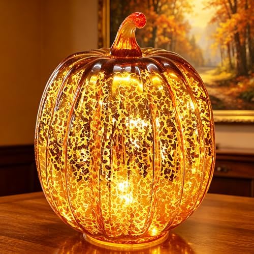 Fall Decorations for Home,Mercury Glass Pumpkin Lights with Timer(Gold) by CFDECORCandlesandHolders