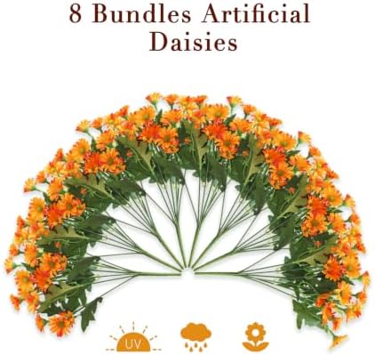 8 Bundles Artificial Daisy Flowers for Outdoors, UV Resistant Faux Daisy Mums for Outdoor Planters, Front Porch, Patio, Yard, Garden, Window Box Spring Summer Fall Decor, Orange - Image 4