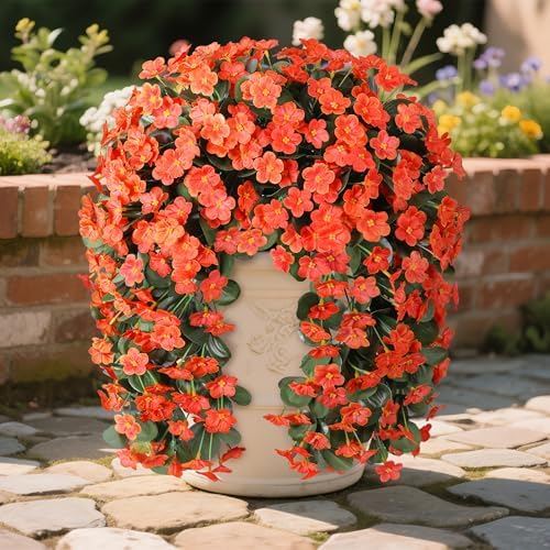 Artificial Fake Fall Hanging Flowers Plants for Outdoor Outside, 2PCS Faux Silk Orange Daisy Mums Trailing Vines UV Resistant Realistic Orchid for Autumn Front Door Porch Planter Patio Garden - Image 3