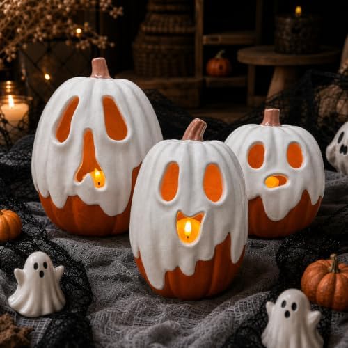 Halloween Decorations - 9.45" H Resin Ghost Pumpkin with Flameless Candle for Indoor Outdoor - Cute Spooky Decoration Centerpieces Halloween Decor for Tables Porch Yard Home Front Door Mantel by Thigreact
