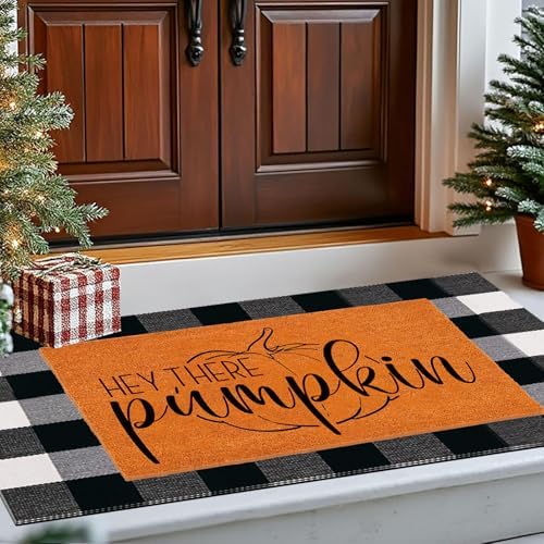 Fall Decor Door Mat Combo Set, Hey There Pumpkin Welcome Doormat + 28x43 Inches White Black Buffalo Plaid Rug Combo Set, Halloween Autumn Thanksgiving Front Porch Entryway Decor Floor Mats - Image 3