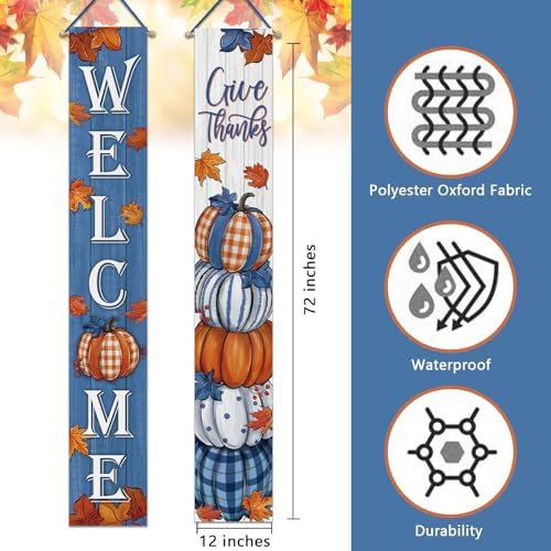 Deroro Welcome Fall Thanksgiving Pumpkin Porch Banner Sign, Blue Autumn - Image 2