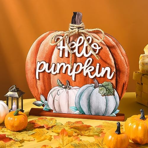 Soaoo Thanksgiving Decoration Wooden Fall Hello Pumpkin Sign Autumn Pumpkin Table Decor 11 Inch Wooden Autumn Desktop Ornament for Thanksgiving Harvest Farmhouse Home Living Room(Orange, Farmhouse) - Image 4
