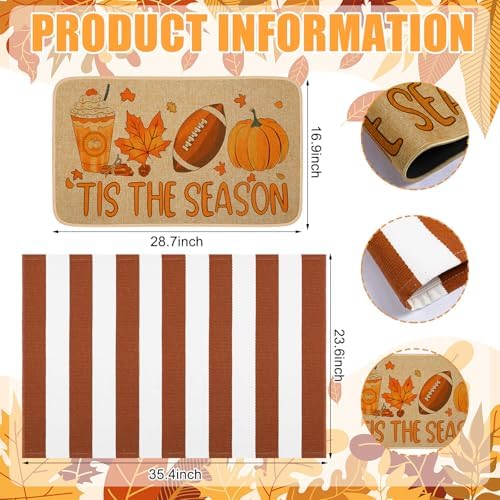 Tinideya 2 Pcs Fall Football Door Mat Outdoor Autumn Pumpkin Welcome Mat - Image 2