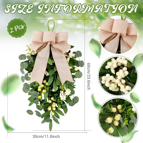 2 PCS 22" Artificial Green Eucalyptus Teardrop Swag for Front Door Greenery Swag Spring Summer Olive Kitchen Cabinet Wreath with White Berry for Farmhouse Home Porch Wall Window Festival Wedding Decor - Image 3