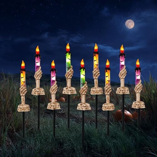 Hourleey Halloween Decorations, 10 Pack Skull Candle Lights with Stakes, Battery Operated Waterproof Pathway Decor with Timer for Indoor Outdoor Front Pathway Lawn Yard Garden - Image 5
