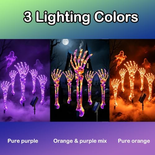 Solar Halloween Pathway Lights Outdoor - 5Pack Lighted Skeleton Arm for Outdoor Walkway Yard Garden Decorations, 250 LEDs Purple and Orange Halloween Solar Pathway Stake Lights Decor, 8 Modes - Image 5