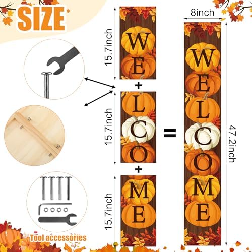 47" Fall Wooden Porch Sign Vertical Fall Welcome Standing Signs Pumpkin Leaves Standing Welcome Porch Sign for Outdoor Autumn Thanksgiving Harvest Home Garden Yard Farmhouse Front Door Decor - Image 2