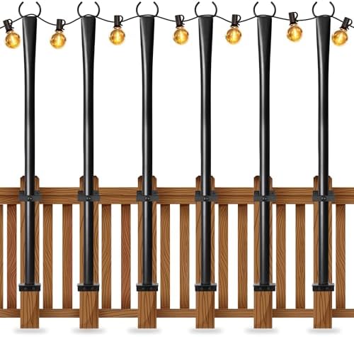 6 Pack String Light Poles for Deck, 5Ft Heavy-Duty Metal Deck Light Poles for Outside with Fixing Clips, Lighting Hanging Post Accessories for Patio Decor Garden Backyard Yard Fence Porch Decorations by Nexillumi