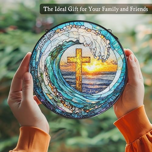 Cross Coastal Ocean Stained Glass Window Hanging Suncatcher, Christian Beach Wave Sun Catcher Indoor Window Decor Gifts, Religious Painted Glass Round Wall Hanging Decorations 7.8x7.8 in - Image 5