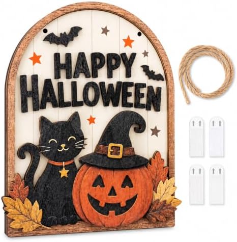LKTEE Halloween Door Sign, Wooden Black Cat Pumpkin Decor for Front Door by Unknown