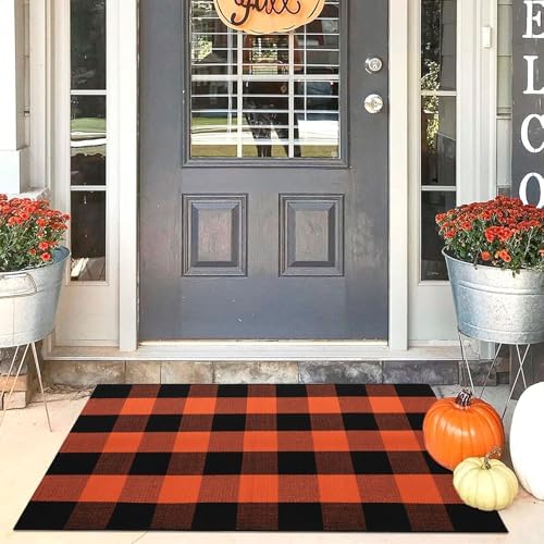 Fall Decor Buffalo Plaid Outdoor Rug 27.5" x 43" Orange and Black Checkered Area Rug Halloween Washable Doormats Fall Indoor Outdoor Rugs for Layered Front Door Mats, Porch, Entryway, Farmhouse by WAYYE
