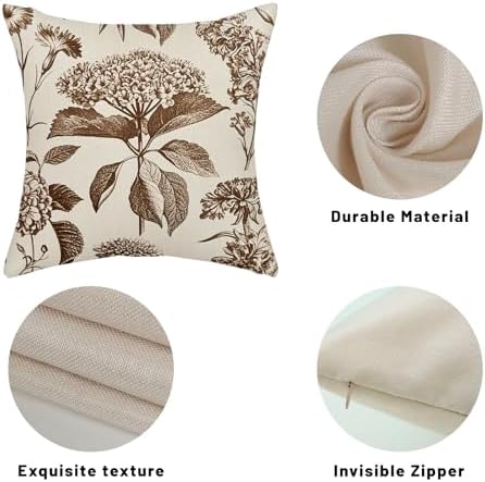 Brown Pillow Covers 18x18 Inch 2 Pcs Boho Vintage Floral Decor Throw Pillows Hydrangea Flower Seasonal Outdoor Farmhouse Neutral Accent Decoration Pillowcase Linen Cushion Cover for Couch - Image 7