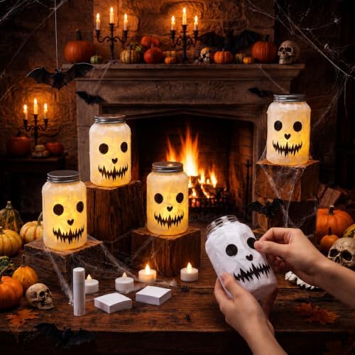 Qinyoung 12 Pcs Halloween Crafts Skeleton Demon Mason Jars with LED Light - Image 3