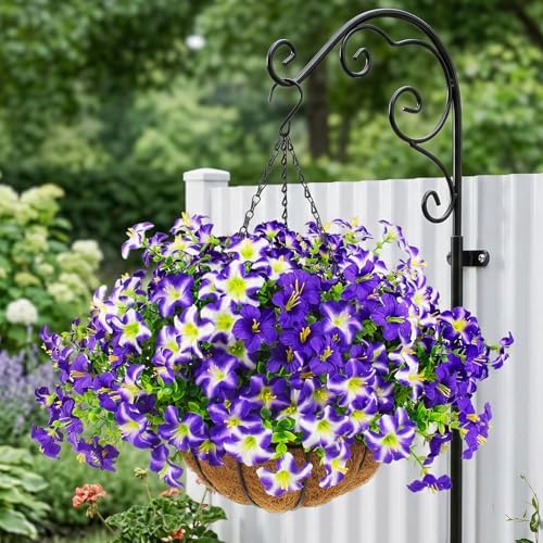 2 Set Artificial Petunias Flowers with Hanging Baskets, 24 Pcs Silk Petunia UV Resistant Purple Faux Petunias Flowers with Hanging Planter for Front Door Porch Spring Outside Decor (2, Purple) - Image 4