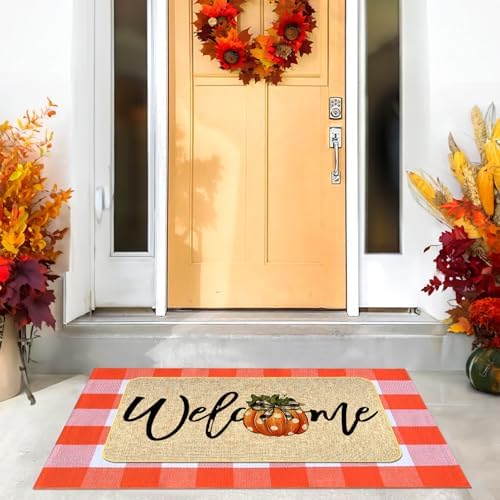 2Pcs Fall Door Mat Combo Set Pumpkin Welcome Doormat + 28" x 43" Orange and White Buffalo Plaid Rug for Autumn Thanksgiving Halloween Porch Entryway Indoor Outdoor Decor - Image 2