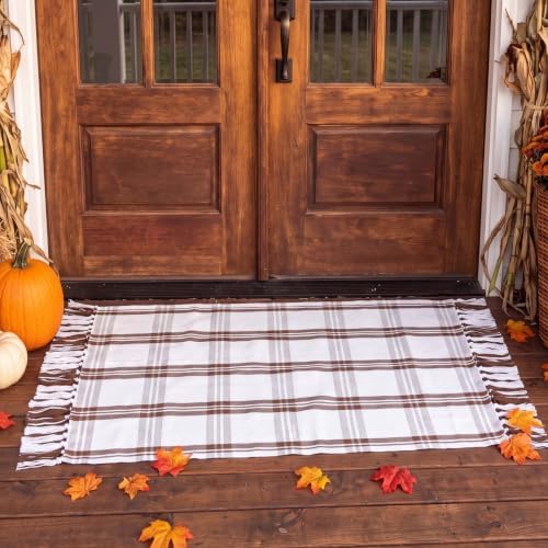 Breling Fall Outdoor Rug 28" x 43" Beige Plaid Door Mat with Tassels by Breling
