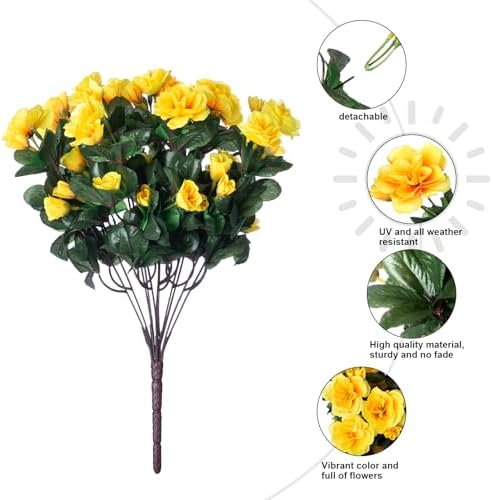HyeFlora Artificial Fake Flowers Plants for Spring Outdoor Outside Decor, Faux Silk Yellow Camellia UV Resistant Realistic for Planter Front Door Porch Patio Balcony Decoration, 3 Large Bundles - Image 6