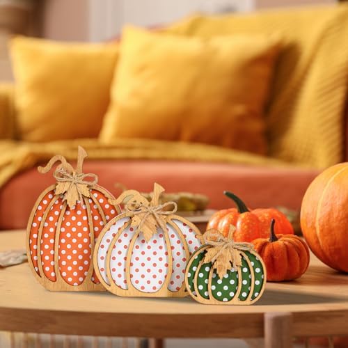 OLANRUN Fall Decorations for Home, 3-Piece Wooden Pumpkin Fall Decor, Rustic Farmhouse Indoor Autumn Thanksgiving Decorations for Table Centerpiece, Tiered Tray, Mantel, Shelf, Office (4-8 Inch) - Image 7