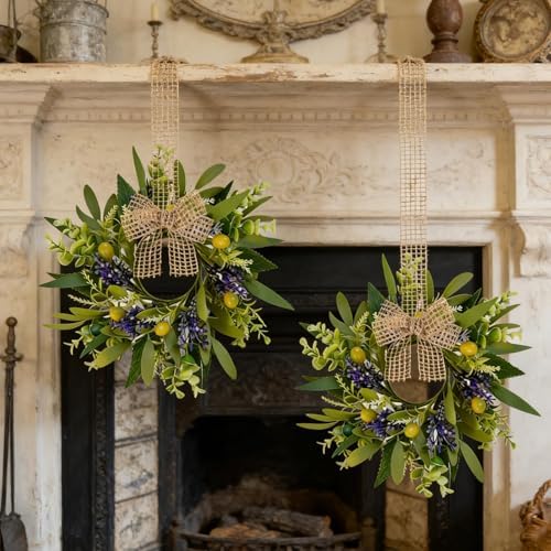 4 PCS Green Eucalyptus Olive Swag Wreaths for Pillars Spring Summer Greenery Kitchen Cabinet Wreaths Mini Green Boxwood Leaves Wreath with Ribbon for Front Door Porch Wall Window Farmhouse Decoration - Image 2