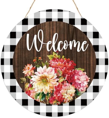 Welcome Spring Sign for Front Door,Red Geranium Wooden Sign Indoor Wall Hanging Decor,Spring Floral Round Wood Hanging Decoration for Home Front Door Porch by Unknown