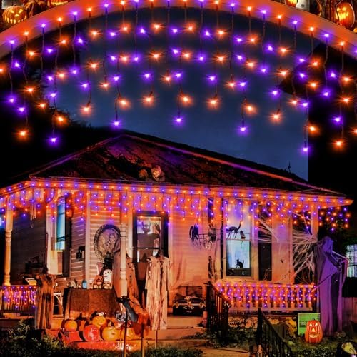 Outdoor Halloween Lights, Waterproof 53FT 486 LED Hanging String Lights with 108 Drops, 8 Modes Timer, Connectable Plug-in Outside Lights for Party Eaves Yard Decorations, Purple and Orange by JIXXULVU