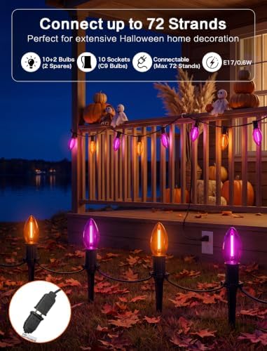 SUNSGNE Halloween Pathway Lights, 19.5Ft Halloween Stake Lights with 10 Count C9 LED Orange and Purple Bulbs for Lawn Yard Sidewalk Garden Decoration - Image 3
