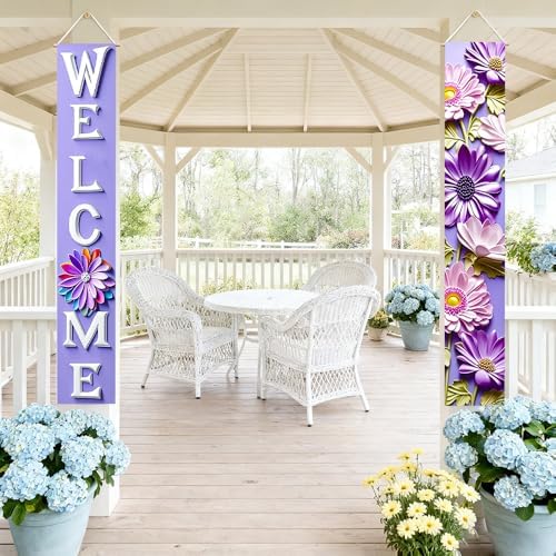 Porch Banners 71x12 Inch Welcome Purple Floral Spring Summer Decor - Image 2