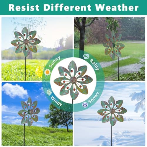 VEWOGARDEN 2 Pack Wind Spinners Outdoor, Metal Wind Spinner with Flower Design for Yard Garden Lawn Decorations, Copper Green - Image 5