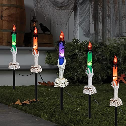 Hourleey Halloween Decorations, 5 Pack Skull Candle Lights with Stakes, Battery Operated Waterproof Pathway Decor with Timer for Indoor Outdoor Front Pathway Lawn Yard Garden by Hourleey