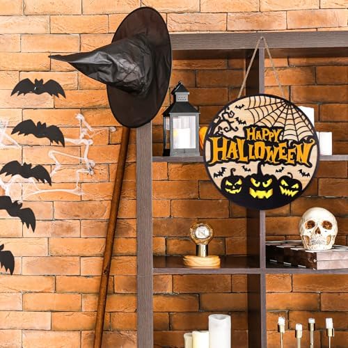JarThenaAMCS Halloween Welcome Door Sign 3D Evil Pumpkin Face Spider Web Bat Wooden Hanging Sign Front Door Hanger for Indoor Outdoor Home Porch Window Decor - Image 7