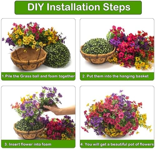 Grunyia Artificial Hanging Flowers Basket with Colorful Silk Daisies & Eucalyptus - UV/Sun-Resistant Plant for Outdoor Porch, Patio, Balcony - Indoor/Outdoor Home Decor - Image 2