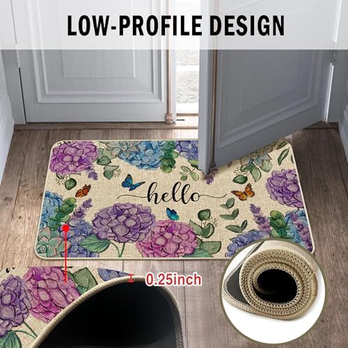 Welcome Spring Door Mat Hydrangea Flowers Doormat Indoor Outdoor Entrance Summer Decor Outdoor Rug Low-Profile Floor Rug Non Slip Spring Summer Decor Rubber Mats for Home Decoration 17x29Inch - Image 6