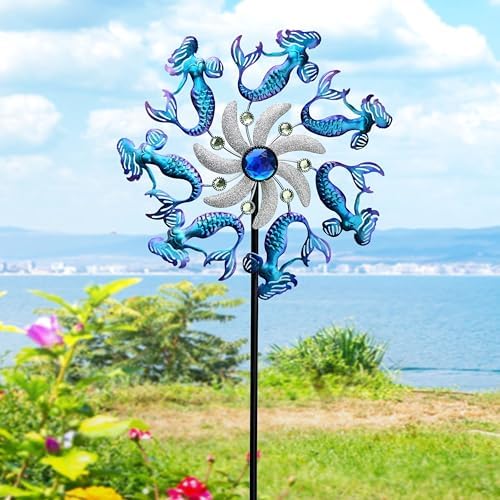 COOZZYHOUR 39" Mermaid Wind Spinners Metal Windmill Garden Stake,Ocean Theme Outdoor Wind Spinner,Wind Sculptures Yard Art Decorations for Patio,Lawn & Garden - Image 2
