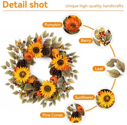 Pinkpum 20" Fall Wreath Front Door Pumpkin Sunflower Pine Cones Wall Decor - Image 3