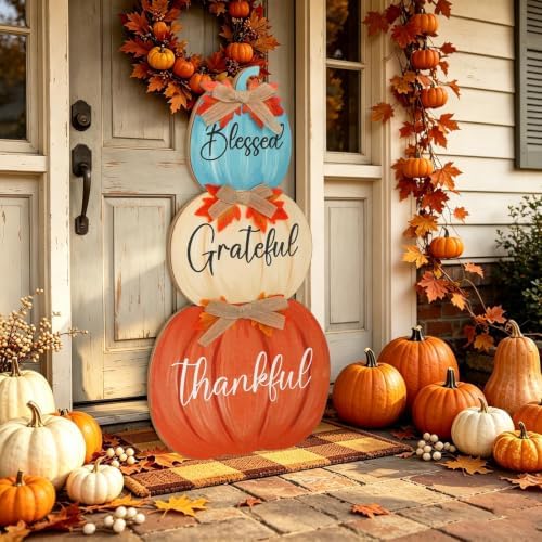 Whaline Fall Porch Decoration Blue Orange Stacked Pumpkins Wooden Standing Decor Harvest Outdoor Sign for Home Farmhouse Autumn Thanksgiving Welcome Sign - Image 5