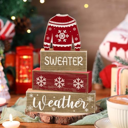 Lineshading 4 Pcs Christmas Table Decoration Wooden Block Signs Sweater - Image 4