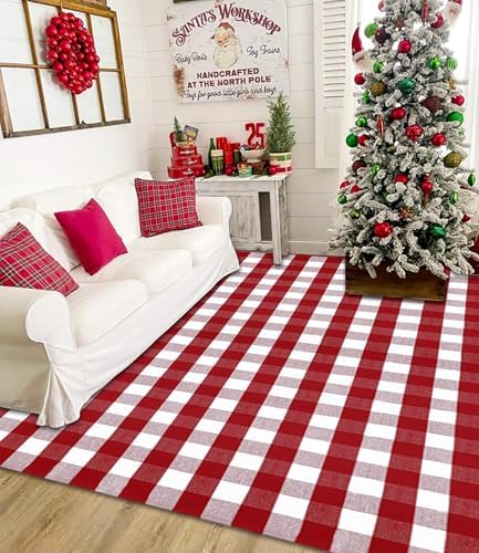 Ckorzen Red and White Plaid Rug, 8' x 10' Christmas Front Porch Outdoor Rug, Handwoven Cotton Washable Rug for Layered Door Mats, Holiday Entryway and Home Décor - Image 2