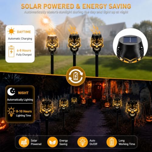 8 Pack Solar Halloween Lights Outdoor, Flickering Flame Skull Torches, Waterproof Purple Solar Lights for Yard, Spooky Skull Pathway Lights for Halloween Outdoor Decorations (Yellow) - Image 4