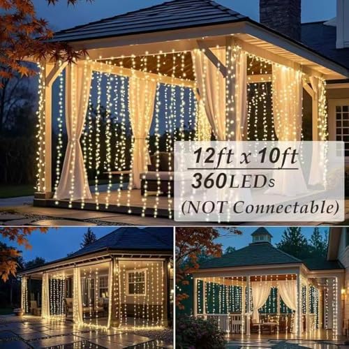 Solhice LED Curtain Lights Outdoor 12ft x10ft, 360 LED Plug in Hanging String Lights Indoor Bedroom, Twinkle Light Backdrop for Outside Wedding Decor, Warm White (Not Connectable) - Image 2