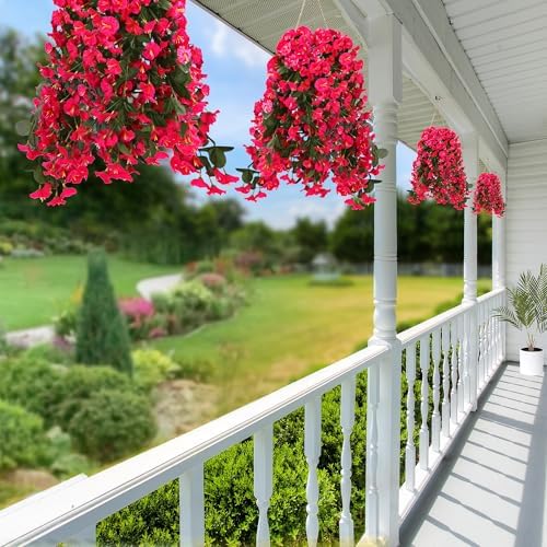 Sggvecsy Artificial Fake Hanging Flowers Plants for Outdoor Outside Spring Summer Decoration 4PCS Faux Silk UV Resistant Realistic Morning Glory Trailing Vines for Home Porch Patio Balcony(Rose red) - Image 6