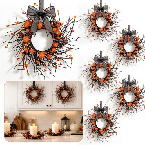 6 PCS Mini Halloween Cabinet Wreaths Black Wreath with Bow Small Hanging Halloween Wreath Crafts Ornament for Front Door WindowHalloween Candle Rings Wreath Kitchen Cabinet Fireplace Home Decoration by Unknown